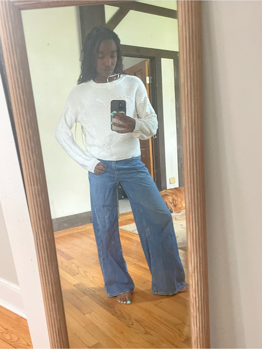 White Crewneck Sweater with Heart Detail - Picture 1 of 4